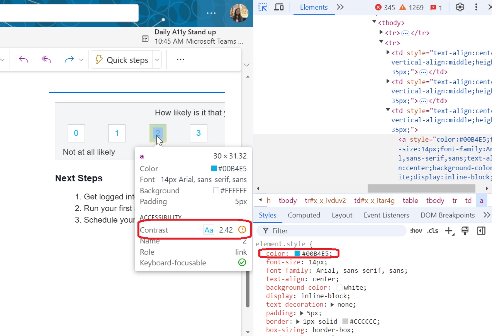 DevTools contrast inspector showing a link color at 2.42:1, failing the WCAG minimum.