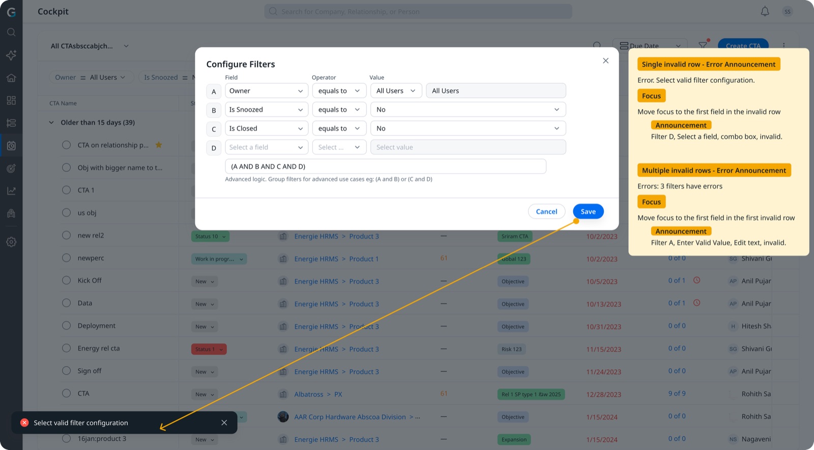 Annotated Configure Filters dialog specifying error announcements: focus moves to the first invalid field and the screen reader announces the specific error.