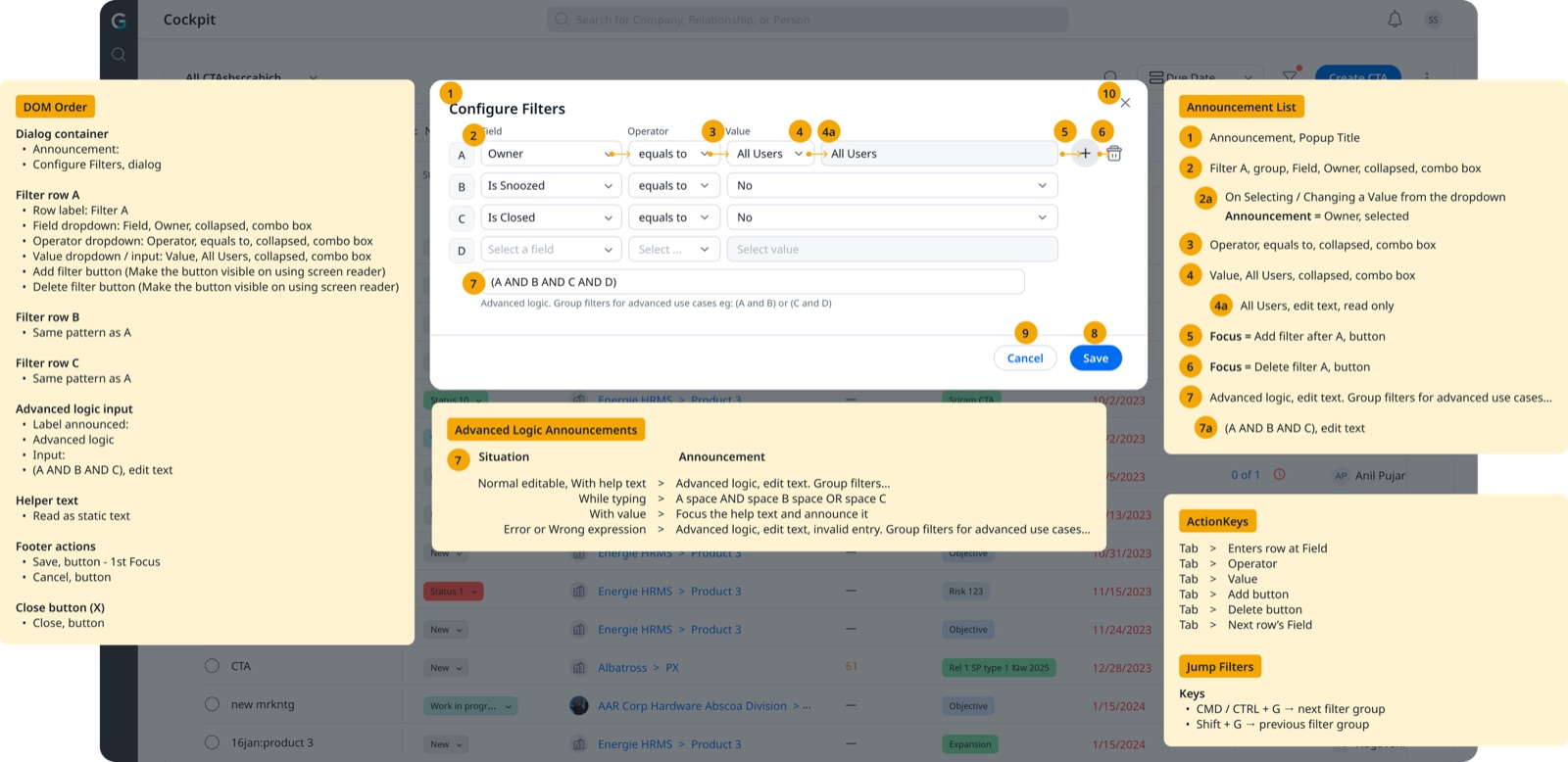 Spreadsheet mapping features, screens, and accessibility findings row by row for vendor and engineering reference.