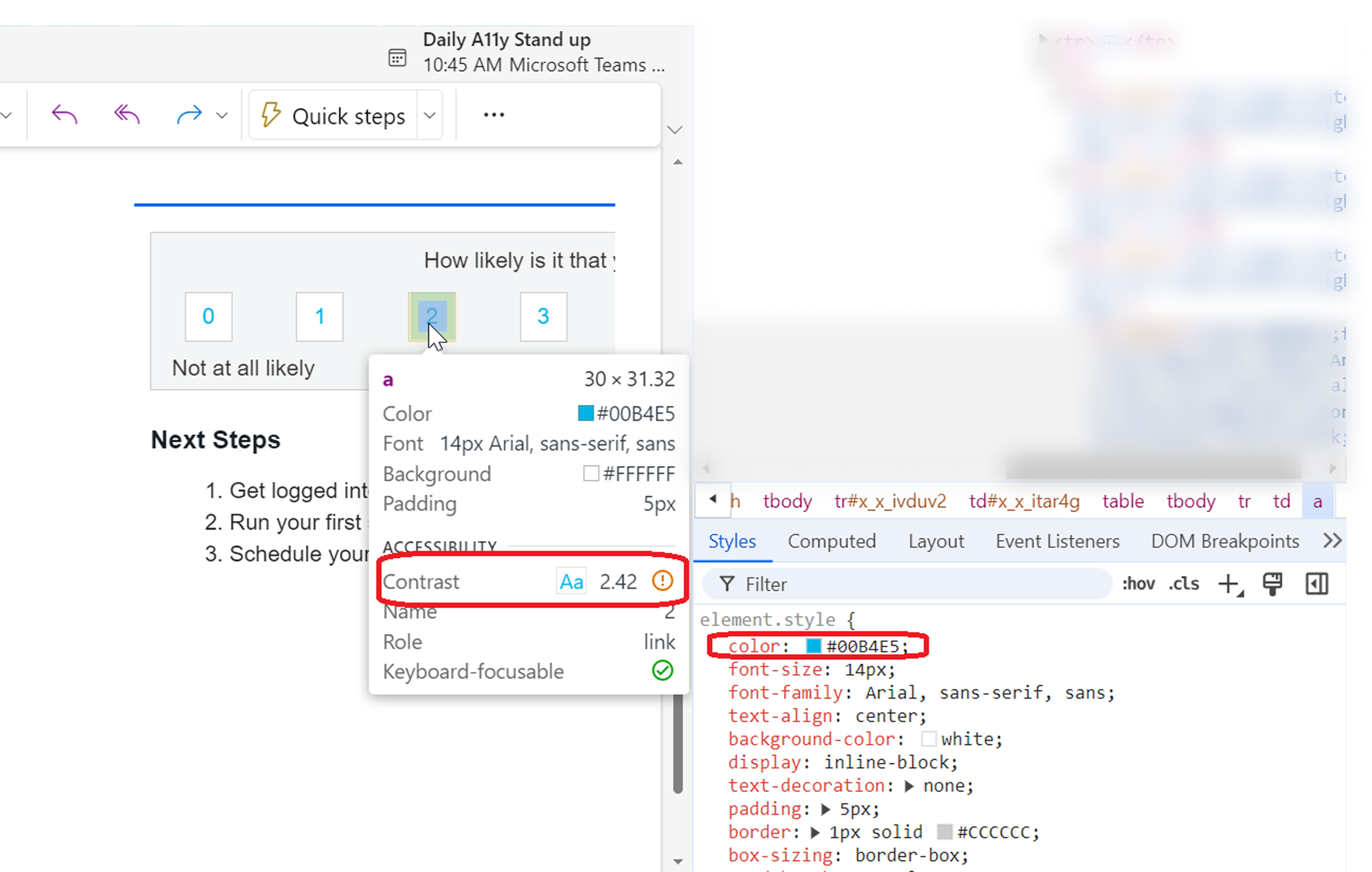 DevTools contrast inspector showing a link color at 2.42:1, failing the WCAG minimum.