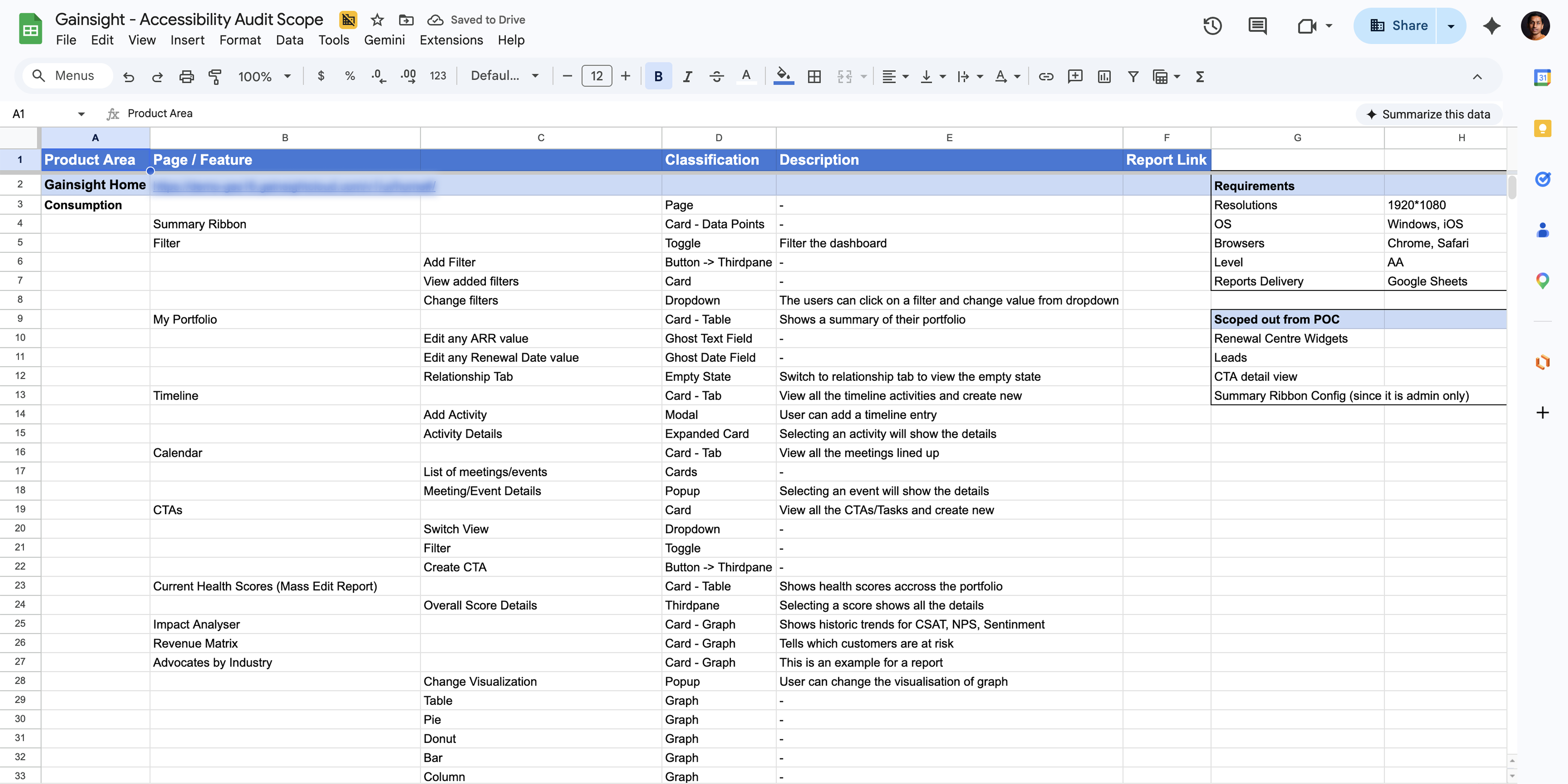 Excel workbook mapping the product architecture: modules, pages and features, element classifications, and the flows and states in scope for the accessibility audit.