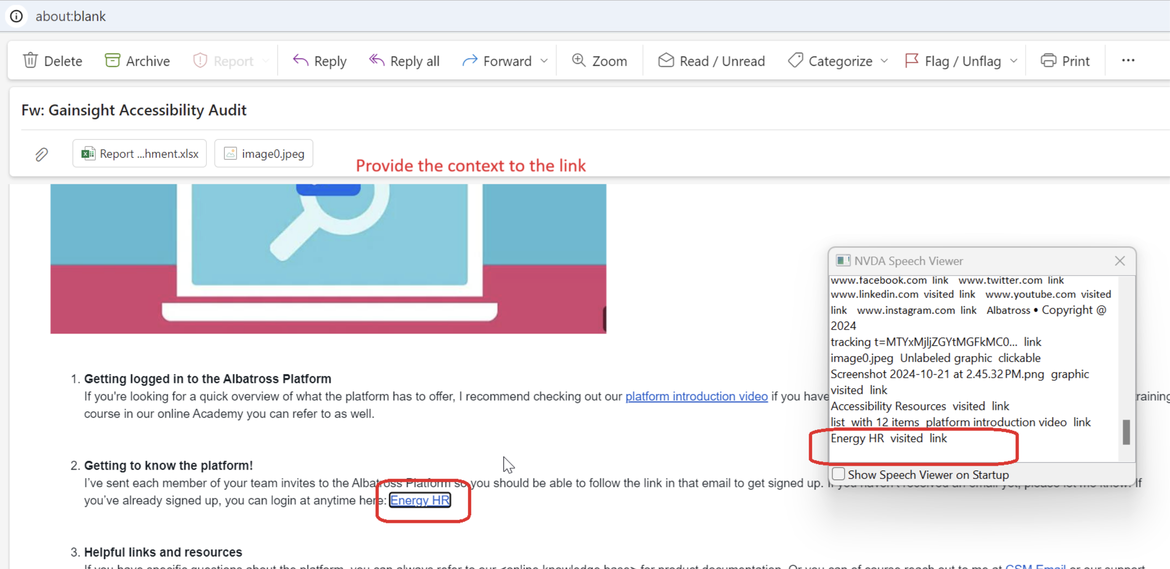 Example of vague link text that gives no context out of order, such as repeated generic labels.