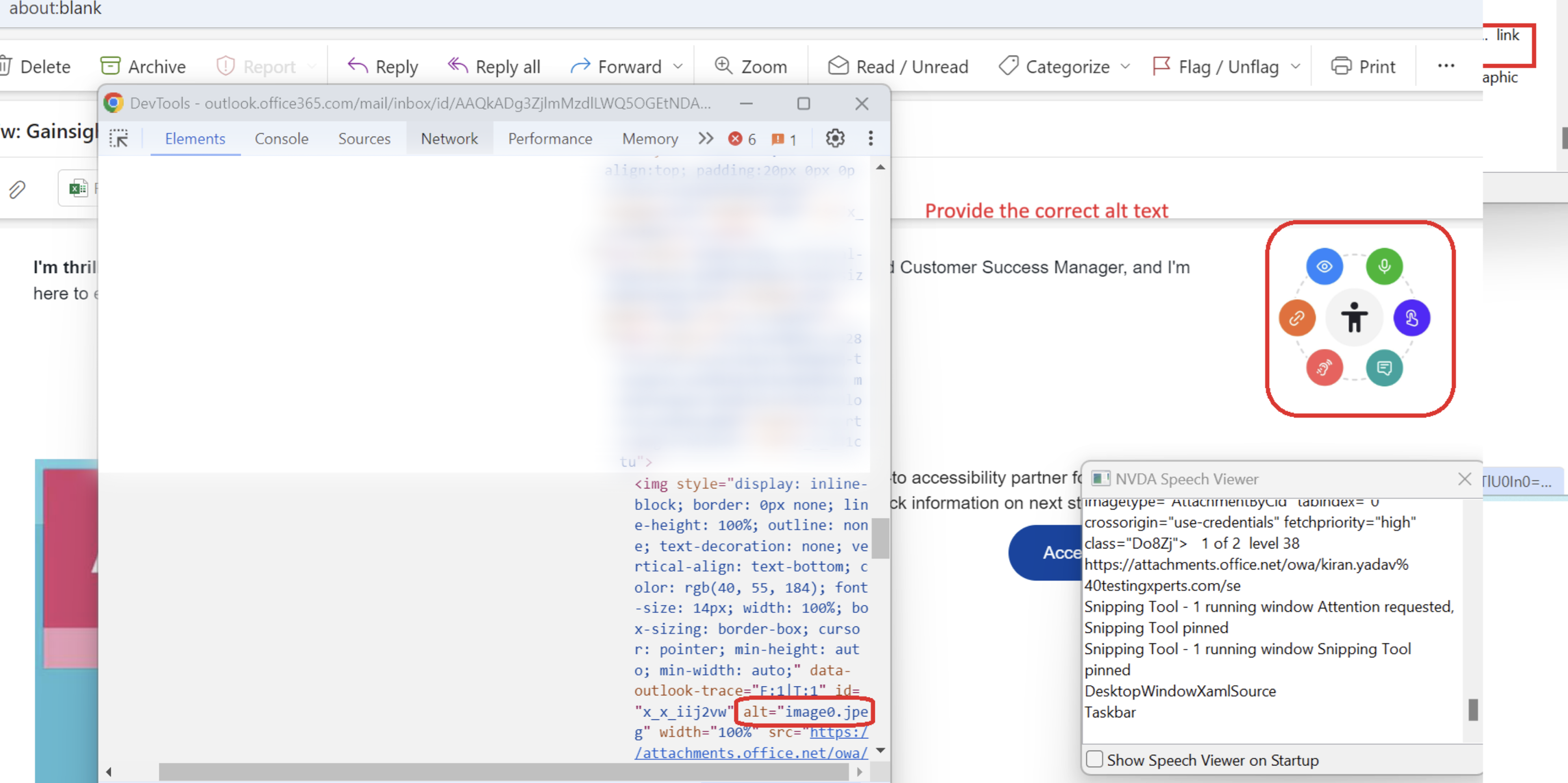 Outlook message with DevTools showing an image whose alt attribute is only image0.jpeg, and an NVDA speech viewer reading it, annotated to provide the correct alt text.