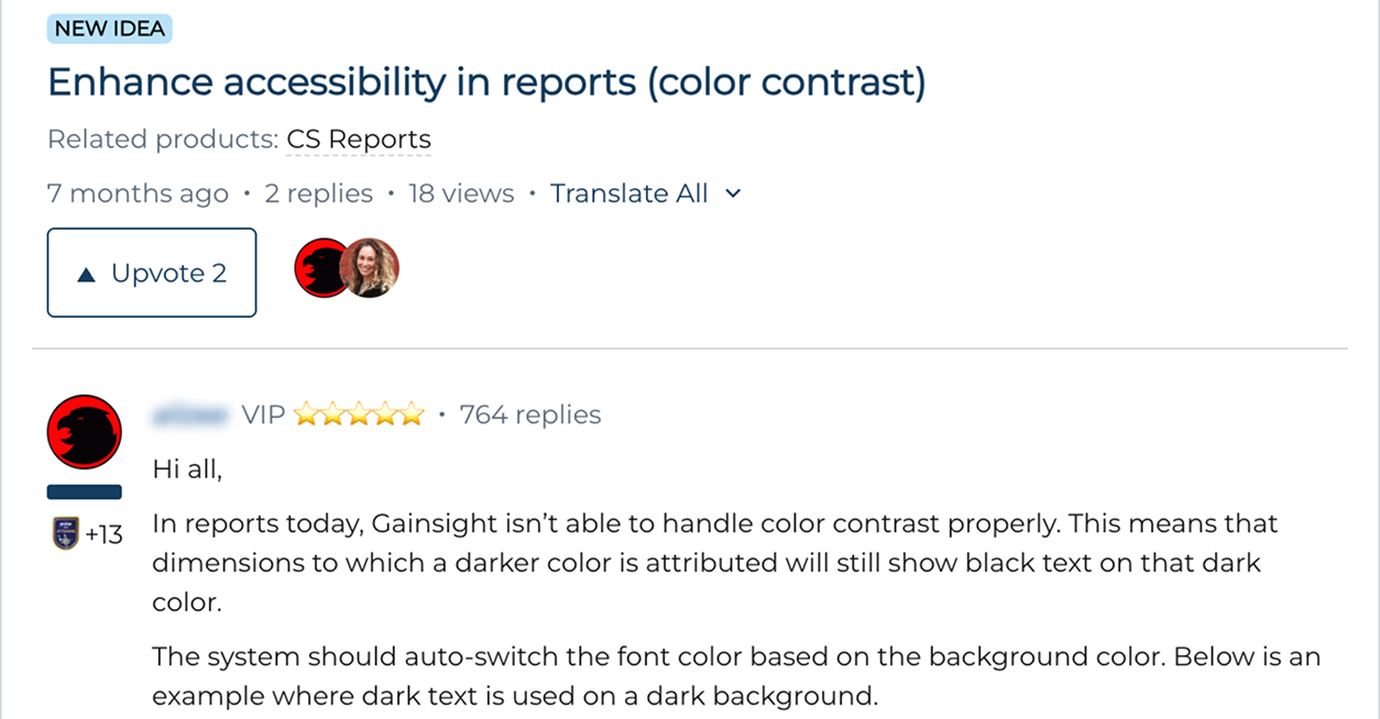 Community idea titled 'Enhance accessibility in reports (color contrast)' from a VIP customer, asking the system to auto-switch font color based on background so dark text isn't shown on dark backgrounds.