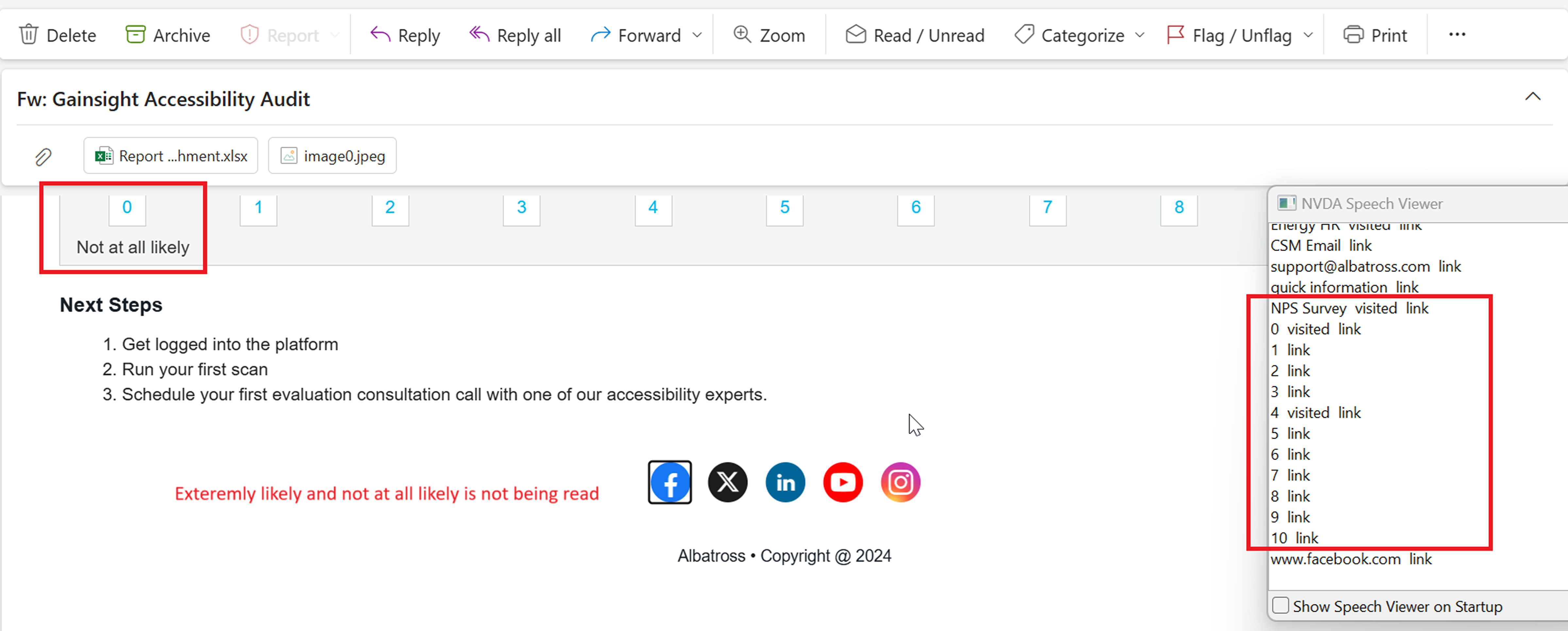 Survey rating where the screen reader only announces 'You are currently on a text element, inside web content,' giving no rating value or role.