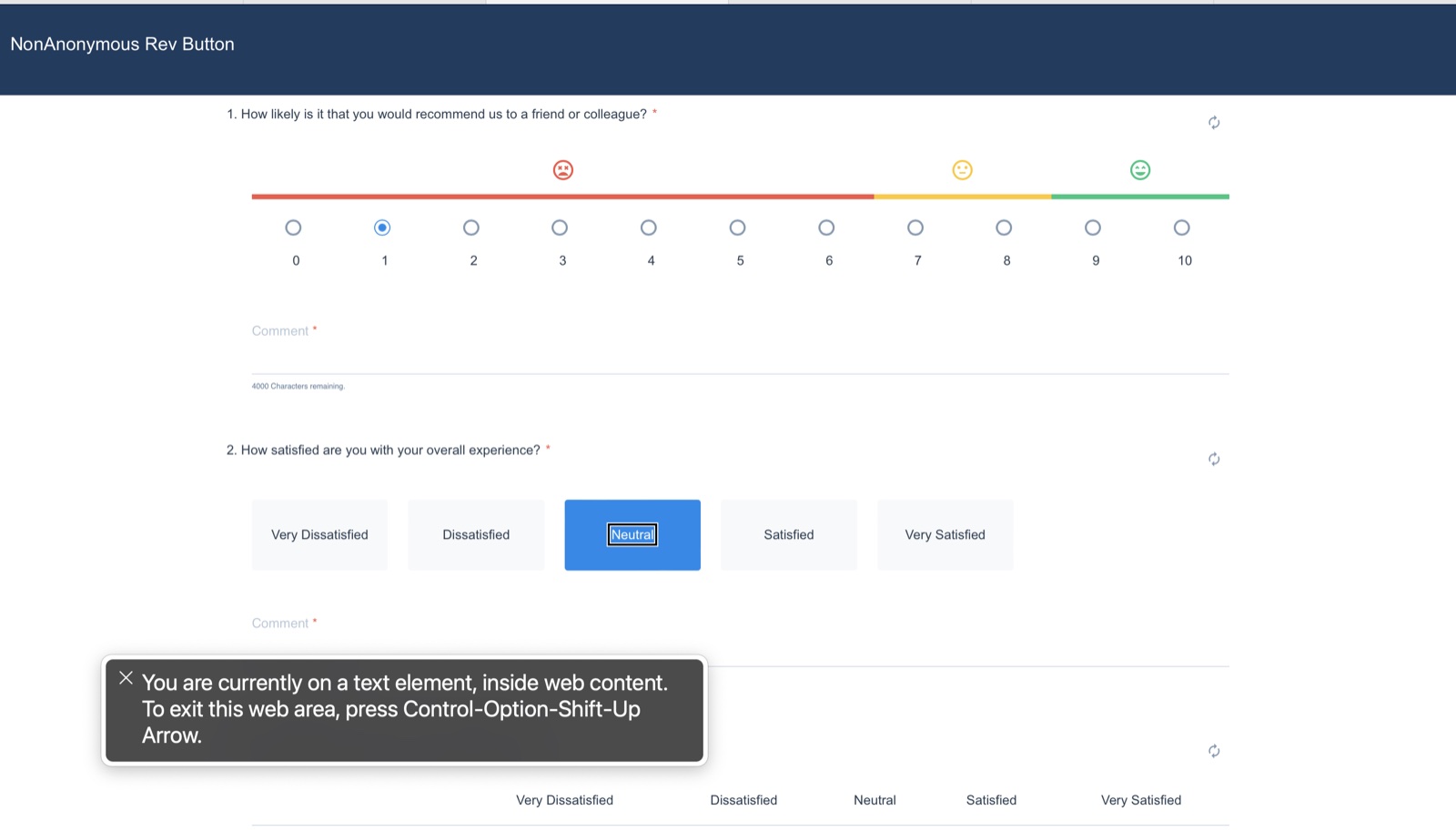 Survey rating where the screen reader only announces 'You are currently on a text element, inside web content,' giving no rating value or role.