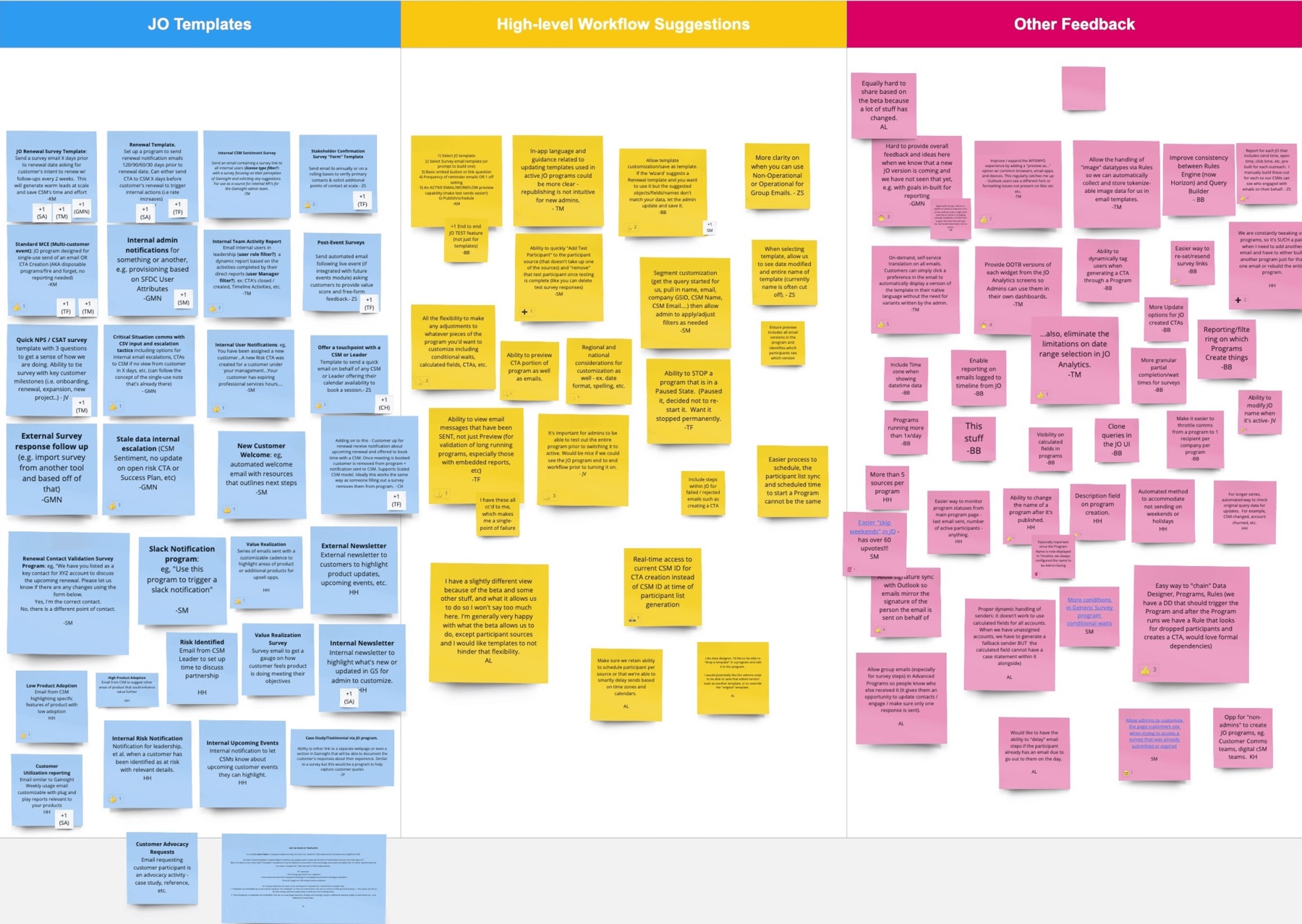 A collaborative affinity board of color-coded sticky notes organized into three columns: JO Templates, High-level Workflow Suggestions, and Other Feedback.