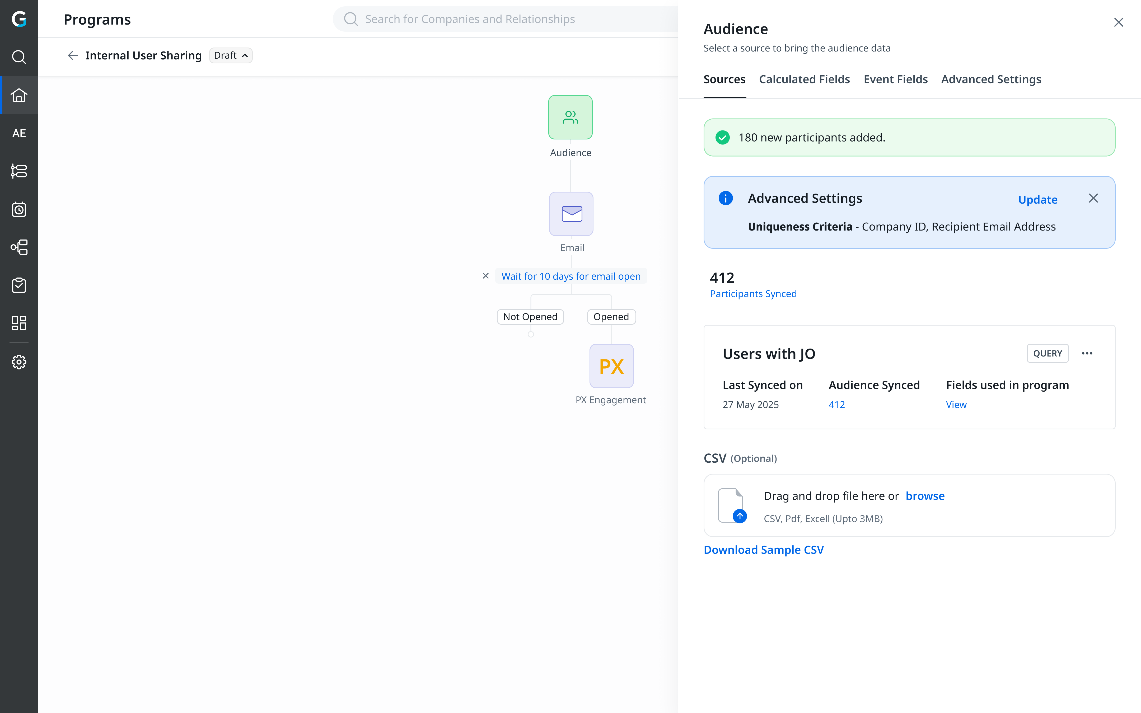 The Audience source panel showing '180 new participants added', the Advanced Settings uniqueness criteria (Company ID, Recipient Email Address), and 412 participants synced.